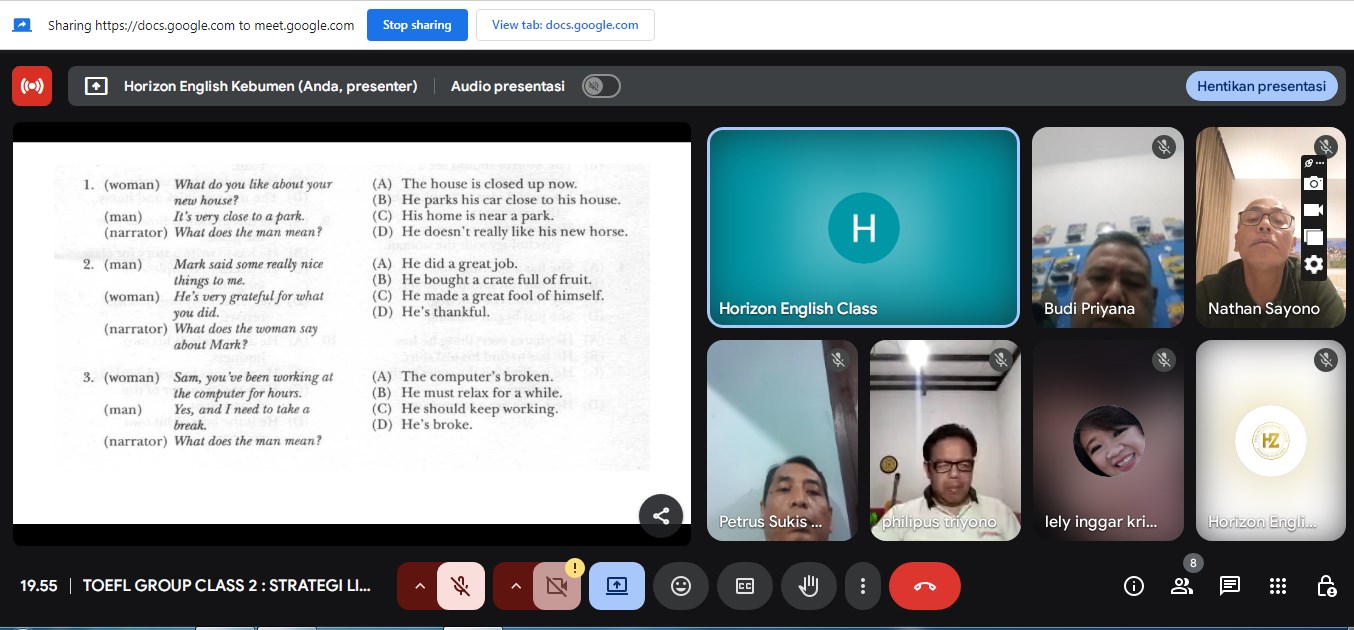 "Suasana interaktif Kelas TOEFL Online grup via Google Meet bersama instruktur Horizon English Kebumen"