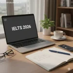Bocoran soal IELTS terbaru 2026 tertulis di layar laptop dengan latar meja belajar kursus bahasa Inggris
